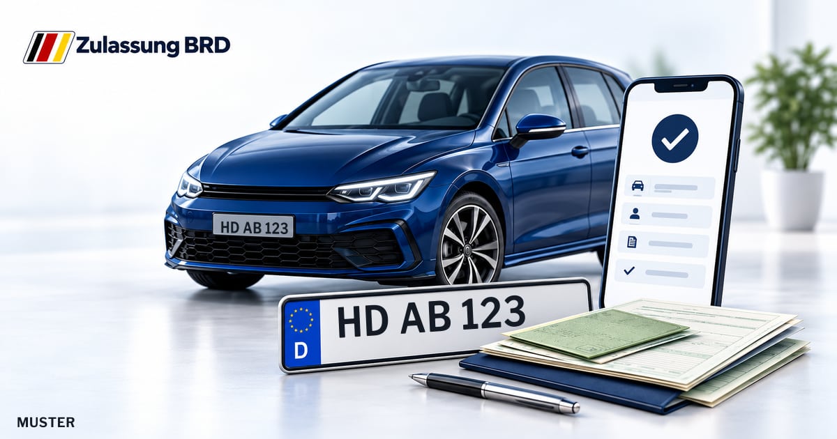 Online Fahrzeugzulassung in Weinheim: Musterkennzeichen HD AB 123, Auto und Fahrzeugpapiere und Smartphone. Illustration mit Logo von Zulassung BRD.